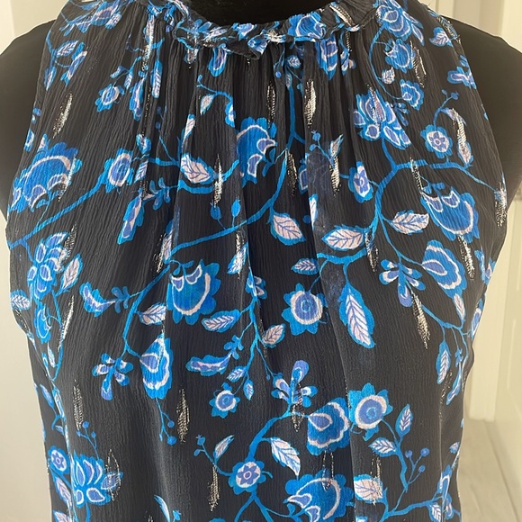 Rebecca Taylor Sleeveless Metallic Print Silk Top in Blue & Black Size 0 - Picture 3 of 11